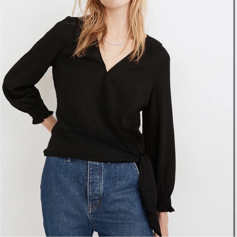 Madewell Smocked-Sleeve Wrap Top Black XXS